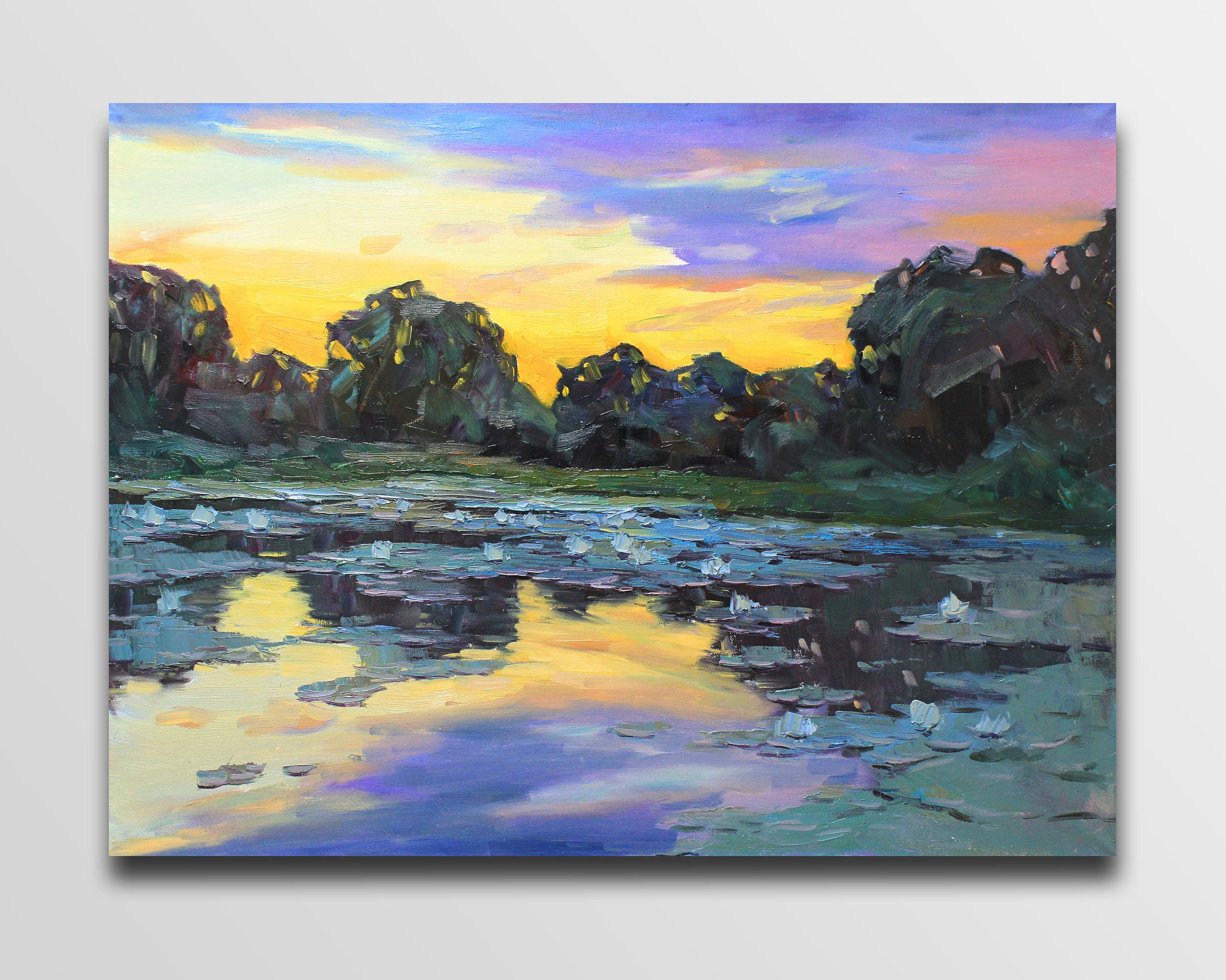 Water Lily Pond Oil Painting: Impressionism River Art, 23.6x31.4 in