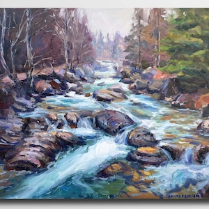 River in the forest Creek Yellow Blue Green Original handmade Oil painting on panel Unique piece Oil impressionism Oil painting stones Art
