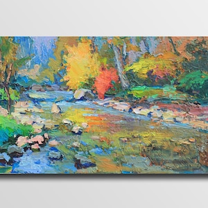 River stones River Artwork River painting Riverscape Painting River Painting Oil Landscape painting Housewarming gift vintage style