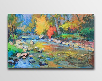 River stones River Artwork River painting Riverscape Painting River Painting Oil Landscape painting Housewarming gift vintage style