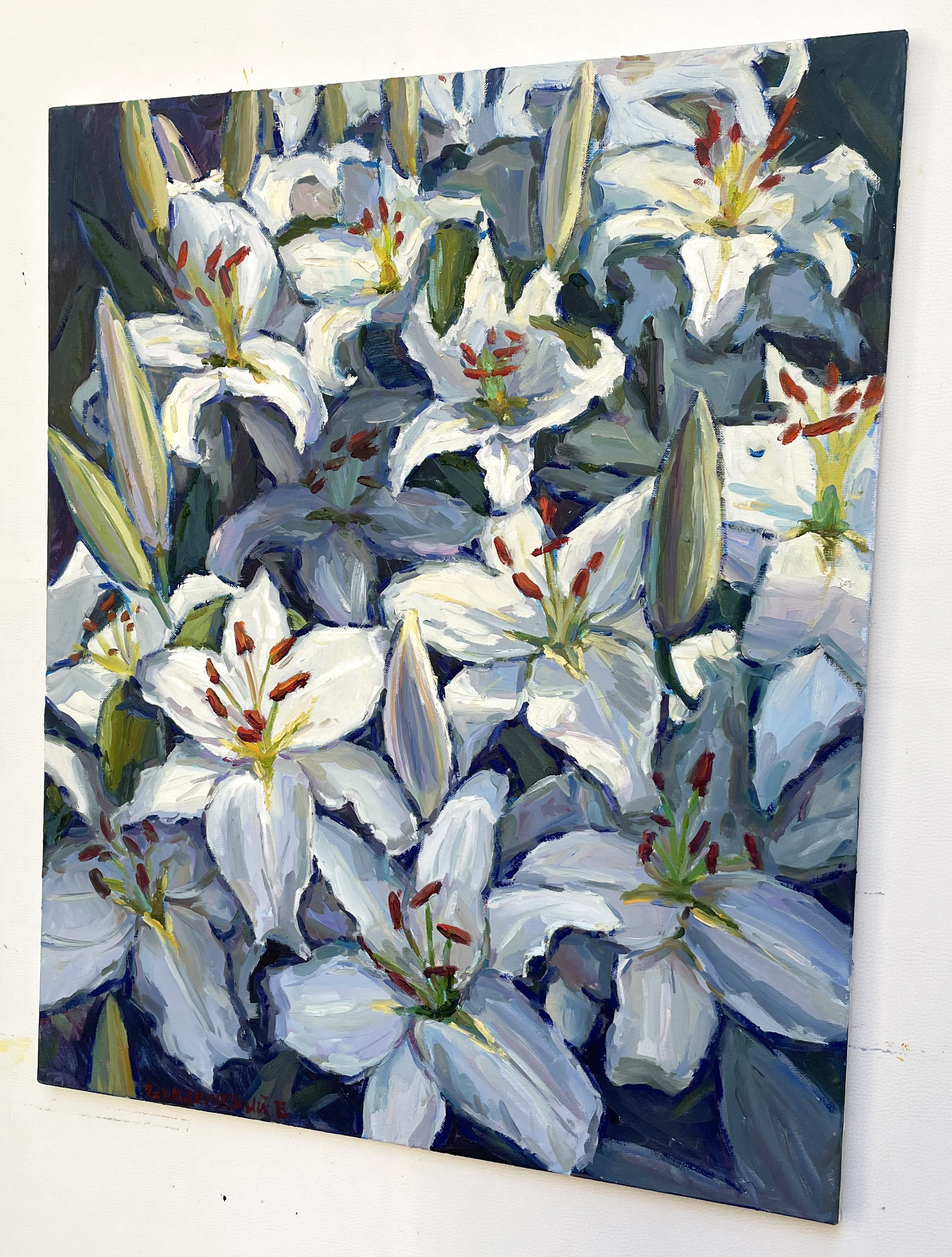 白いユリの貼り絵 白いユリ 白いユリの花の絵画 ユリの芸術 花の静物画 蓮の絵