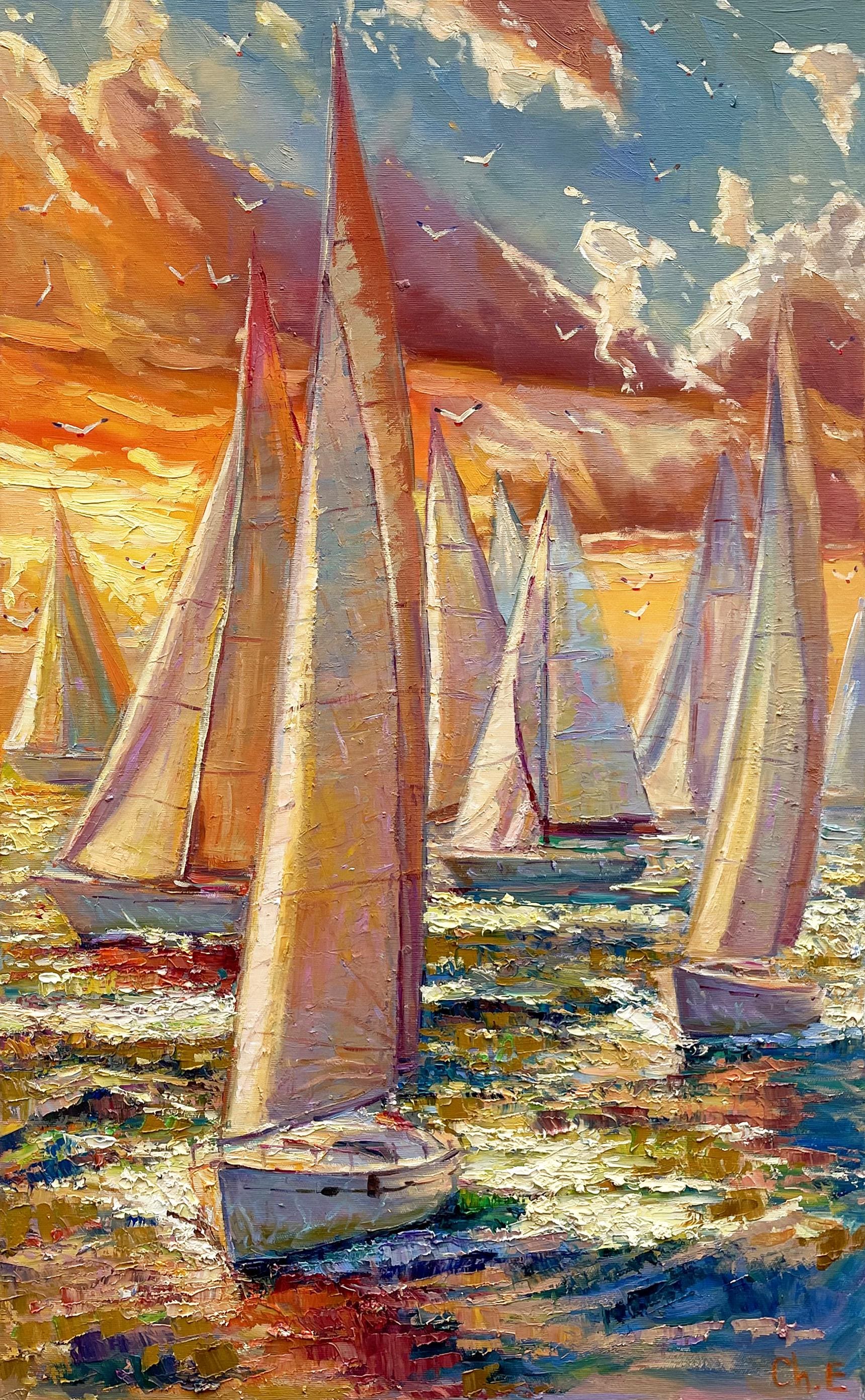 ヨットの絵画アート海外の絵画新築祝いの贈り物海岸印象派油絵ボート