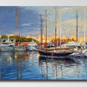 Original Yacht Oil Painting: &quot;Quiet Harbor&quot; Seascape Art, 35x27