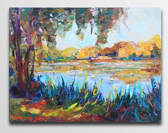 Water lily painting Pond Painting Water Lily Art Impressionism oil River painting oil Kitchen decor Lily flowers