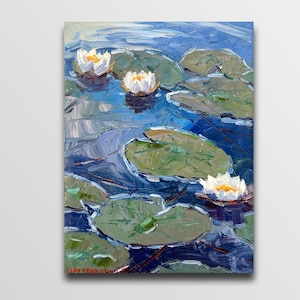 Water Lily Oil Painting: Impressionism Pond Art, Kitchen Decor (11.8 X 15.7 IN)