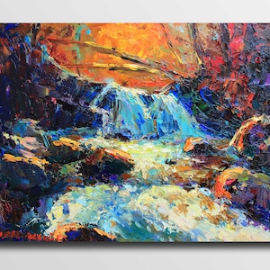 Waterfall painting River oil painting Landscape rocks River Artwork River stones Summer landscape River art Original painting