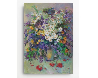 カモミールとデイジーの油絵：夏の庭の静物画、8x6インチ - Etsy 日本