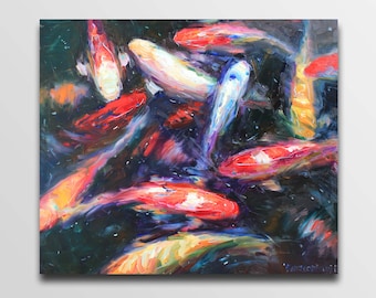 Koi fish painting Fish pond painting Koi fish Plein air painting Impressionism art Housewarming gift Original oil