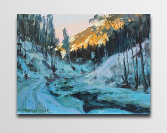 Winter painting oil  River painting  bright painting  forest in winter plein air painting oil painting  impressionism