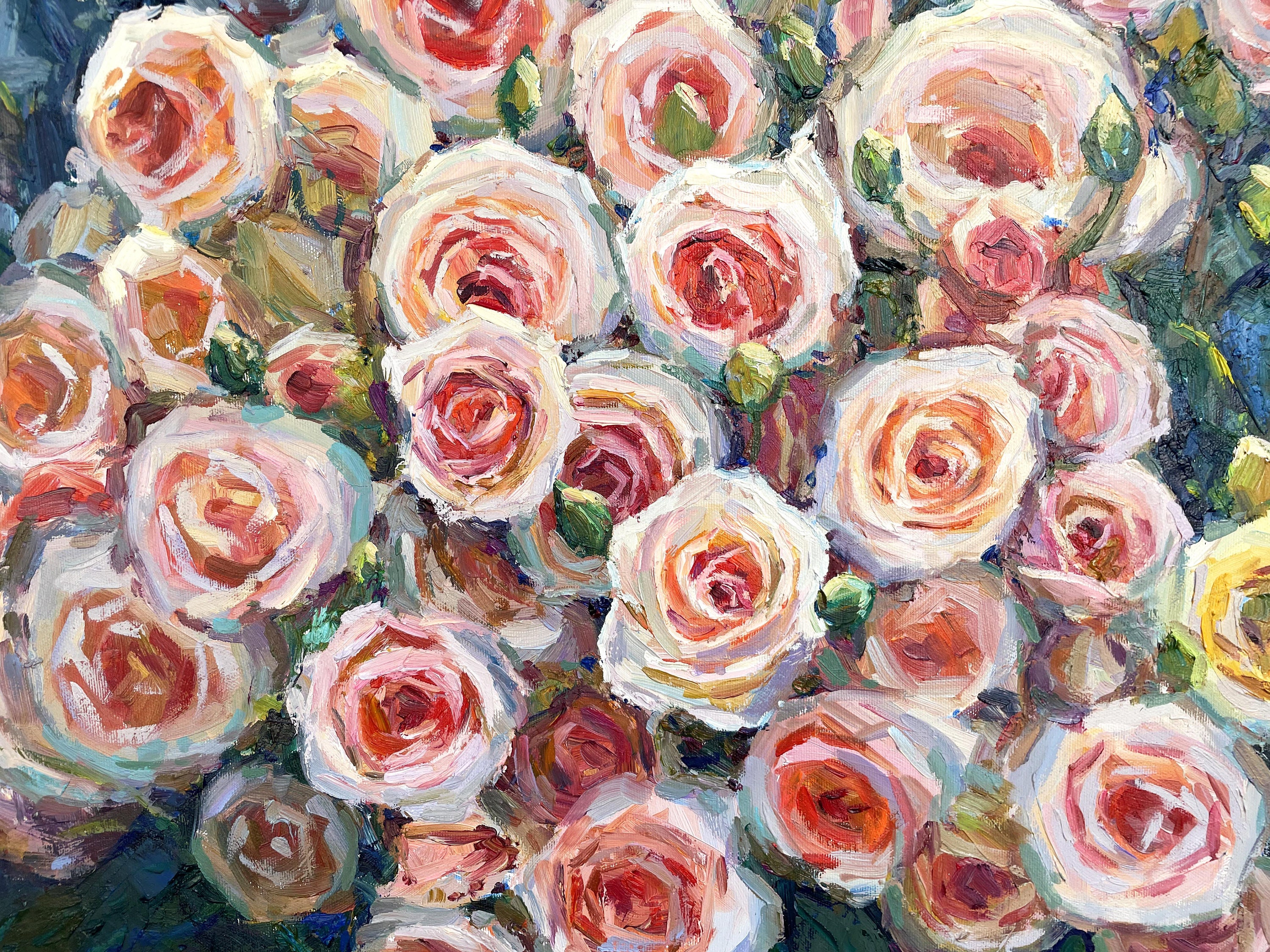 白いバラの絵 赤いバラの絵 花の油絵 花の静物画 バラの花束の油絵