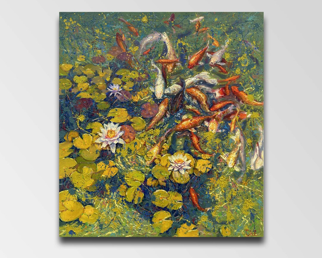 Koi Fish Water Lily Painting River Painting Pond Painting Floral ...