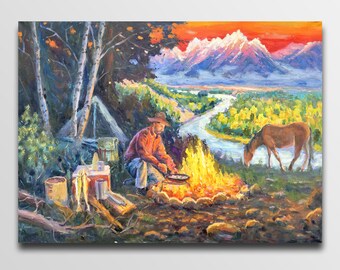 夕焼けの絵画、川と山の絵画、夕方の夕日、水と太陽、オリジナルの風景