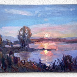 Pintura al óleo nocturna Pintura de la luna Pintura del río nocturno Pintura al óleo del río Pintura ucraniana Arte del río al atardecer Artista ucraniano