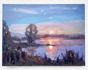 Night oil painting Moon painting Night river painting River oil painting Ukrainian painting Sunset river art Ukrainian artist