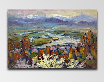 夕焼けの絵画、川と山の絵画、夕方の夕日、水と太陽、オリジナルの風景