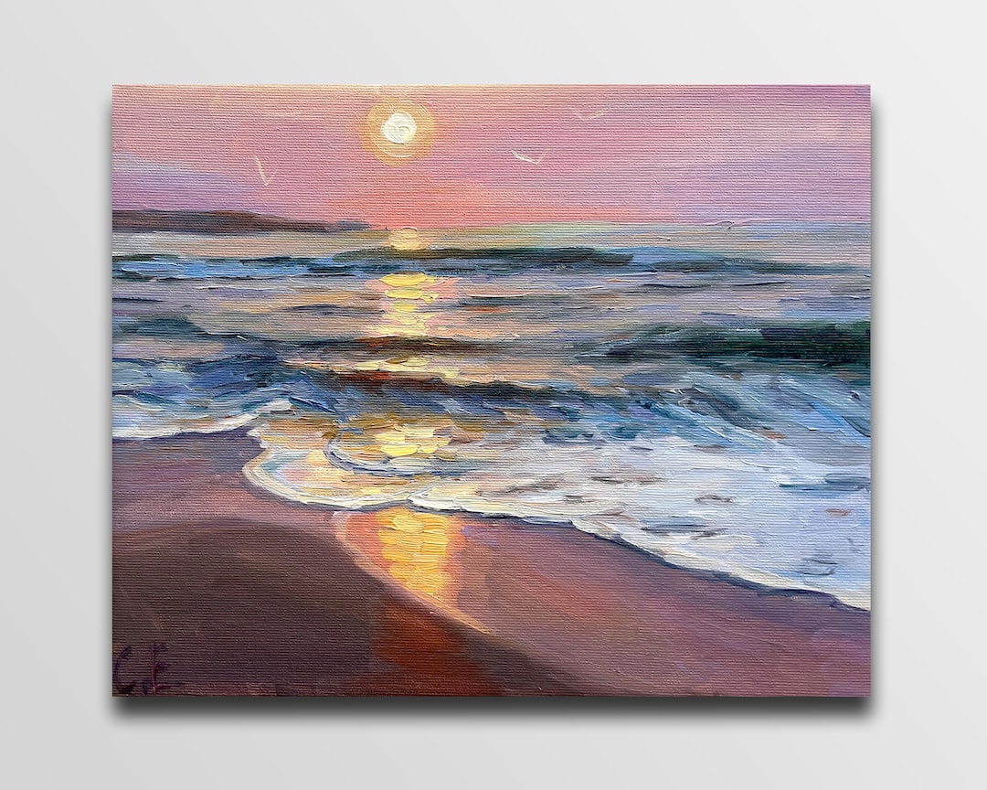 夜明けの絵 日の出の油絵 海の夜明けの絵 海の日の出 オリジナル 海の