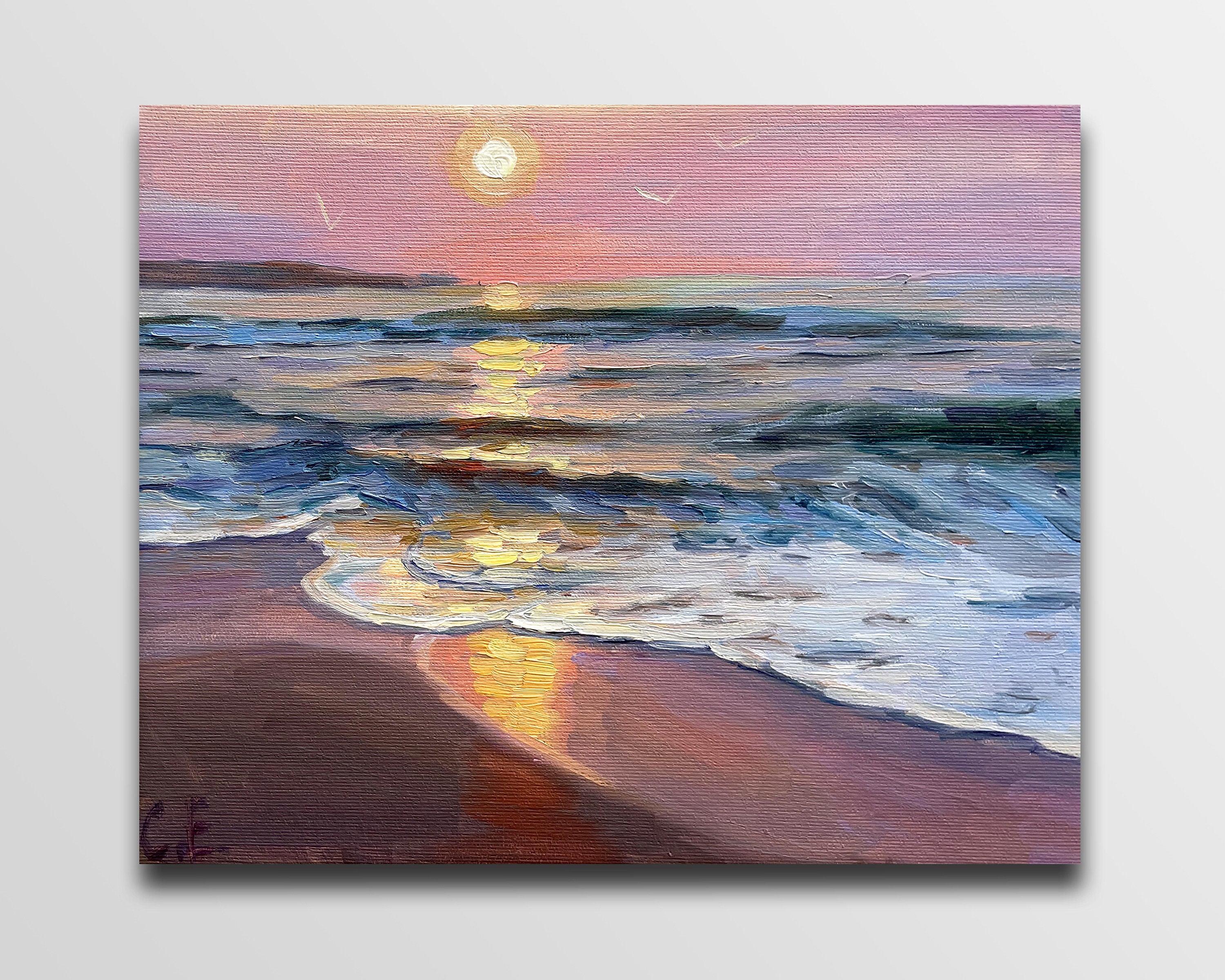 夜明けの絵 日の出の油絵 海の夜明けの絵 海の日の出 オリジナル 海の