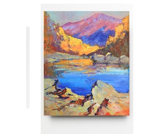 夕焼けの絵画、川と山の絵画、夕方の夕日、水と太陽、オリジナルの風景