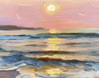夜明けの絵 日の出の油絵 海の夜明けの絵 海の日の出 オリジナル 海の