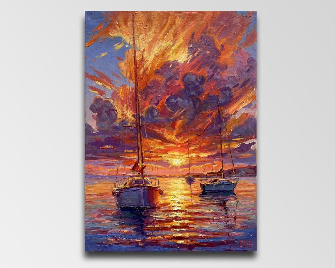 夕焼けのヨットの絵画：印象派の海景油彩 - Etsy 日本
