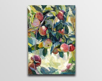 May include: A painting of a tree branch with red apples. The apples are painted in a loose, impressionistic style with visible brushstrokes. The leaves are green and yellow.