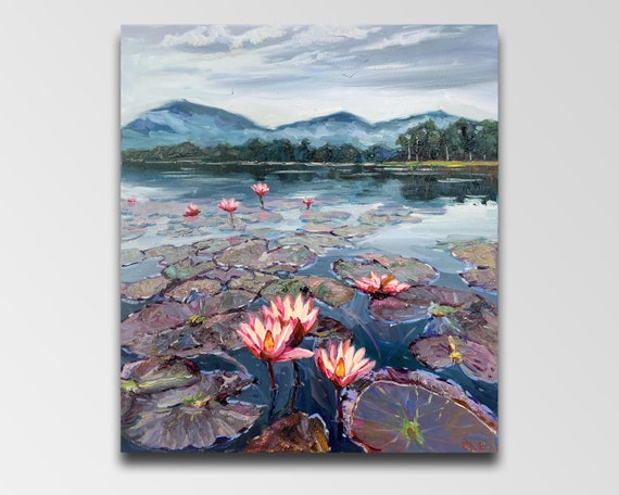 睡蓮の池の油絵：印象派の川の芸術、23.6x27.5インチ - Etsy 日本
