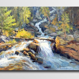 River in the forest Creek Yellow Blue Green Original handmade Oil painting on panel Unique piece Oil impressionism Oil painting stones Art