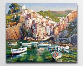 Riomaggiorre Cinque Terre Italian oil painting Italian landscape Italy wall art Sea oil painting Italian city painting Boats painting oil