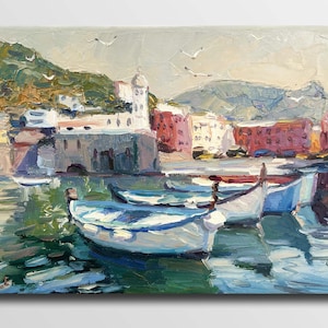Boat Oil Painting: Italian Coastal Scene, Original Art (9.8 X 13.7 IN)