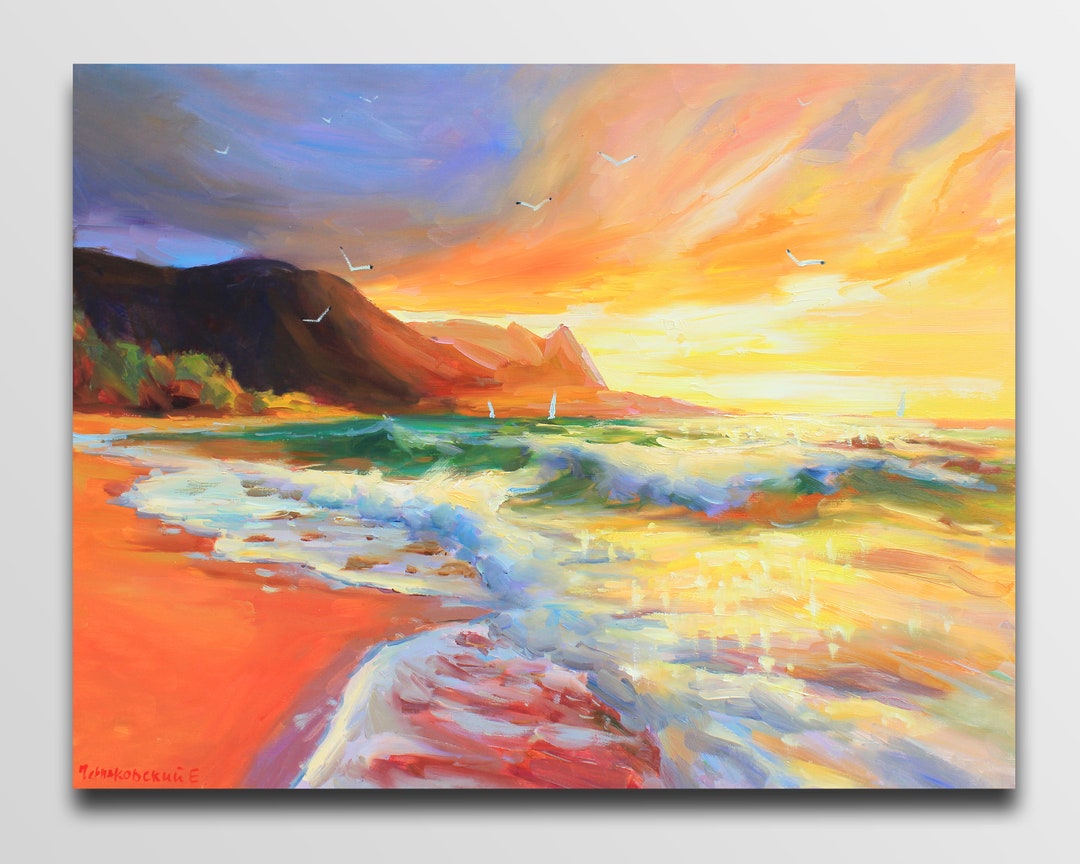 夕日の海の油絵 カラフルな夕日のアート 川の油絵 野外の絵画