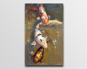 Koi fish painting Fish pond painting Koi fish Plein air painting Impressionism art Housewarming gift Original oil