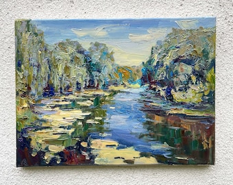 赤い夕焼けの絵画オリジナル、穏やかな川の壁画、カラフルな油絵の湖畔