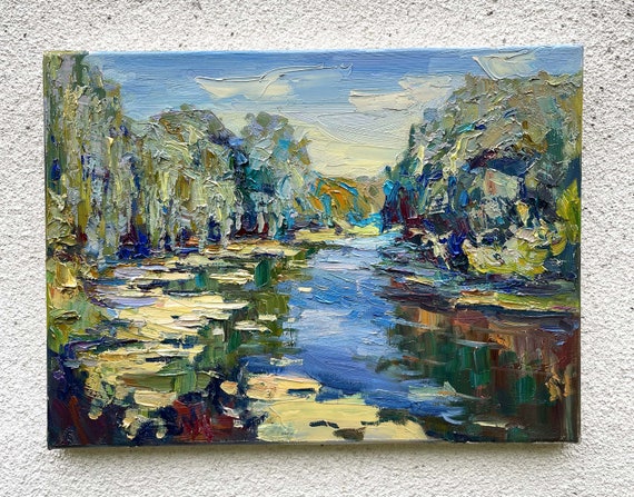 川の夕焼けアート 夕焼け油絵 川の風景画 川の油絵 川の風景油絵