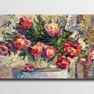 Pintura al óleo de peonías Obra de arte de peonías Pintura al óleo floral Pintura de peonías rosas Ramo colorido Arte de peonías Pintura al óleo de naturaleza muerta