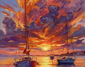 夕焼けのヨットの絵画：印象派の海景油彩 - Etsy 日本