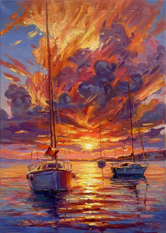 夕焼けのヨットの絵画：印象派の海景油彩 - Etsy 日本