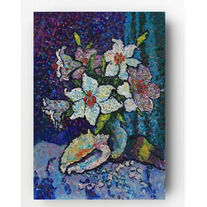 Flor de lirio blanco Pintura al óleo original bodegón arte de la pared Regalo para la decoración del hogar imagen Azul gris blanco Flores panel de pintura