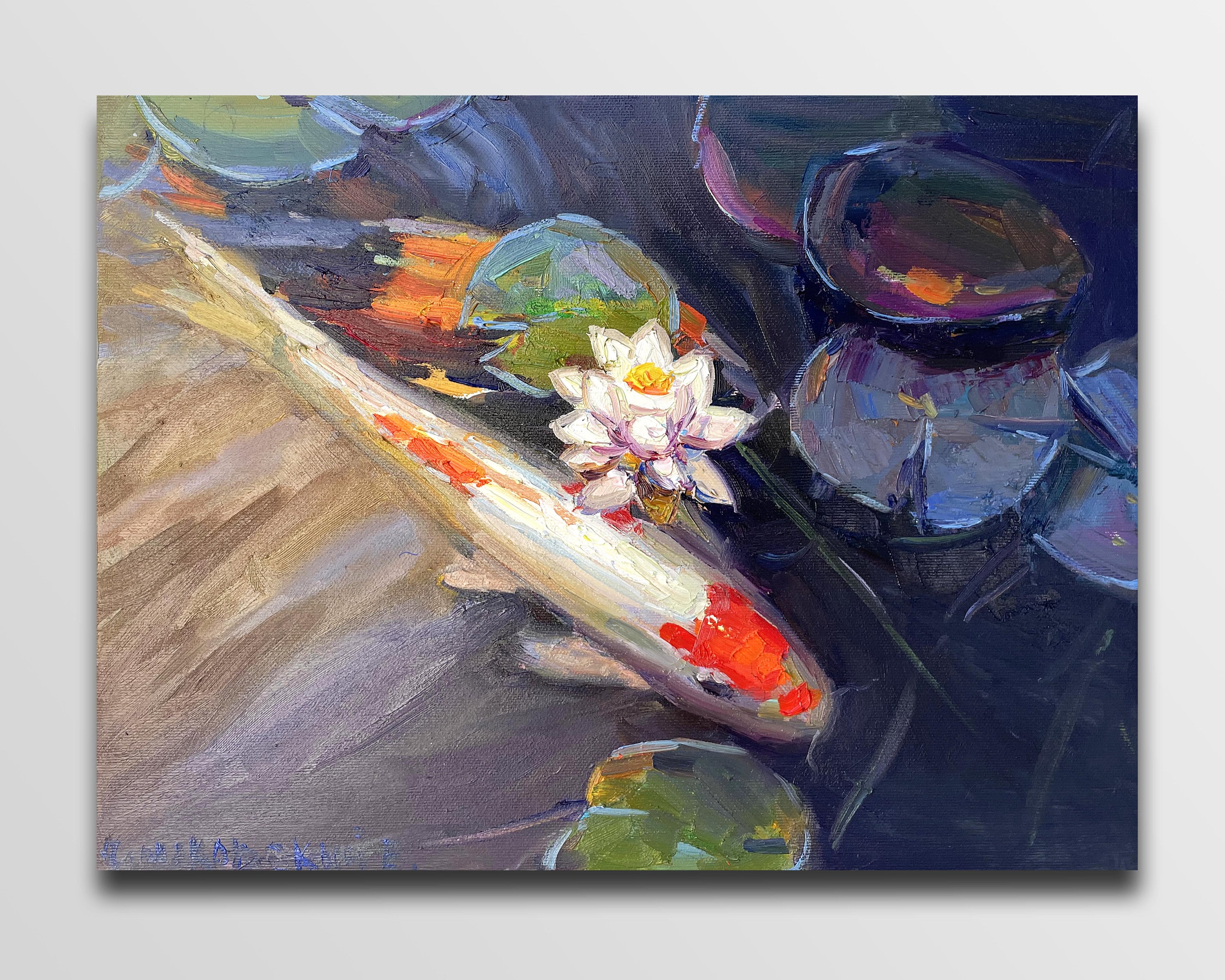 睡蓮の絵 魚の絵 鯉の絵 日本画 花の油絵 特注油絵 オリジナル鯉アート