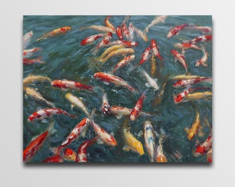 Koi fish painting Fish pond painting Koi fish Plein air painting Impressionism art Housewarming gift Original oil