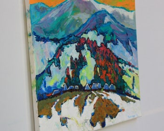 冬の山の油絵：ヴィンテージスタイルの風景画（19.6 x 23.6インチ