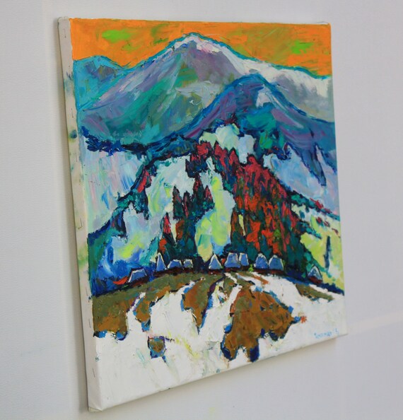 冬の山の油絵：ヴィンテージスタイルの風景画（19.6 x 23.6インチ