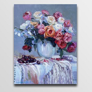 冬のバラの絵画、印象派アート、バラと果物の静物画、美術作品