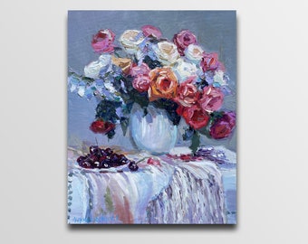 花瓶に入ったバラの油彩画 花瓶に入ったバラの花束の油絵：静物画の花のアートワーク - Etsy 日本