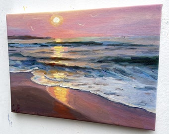 海　日の出　油絵 夜明けの絵 日の出の油絵 海の夜明けの絵 海の日の出 オリジナル 海の