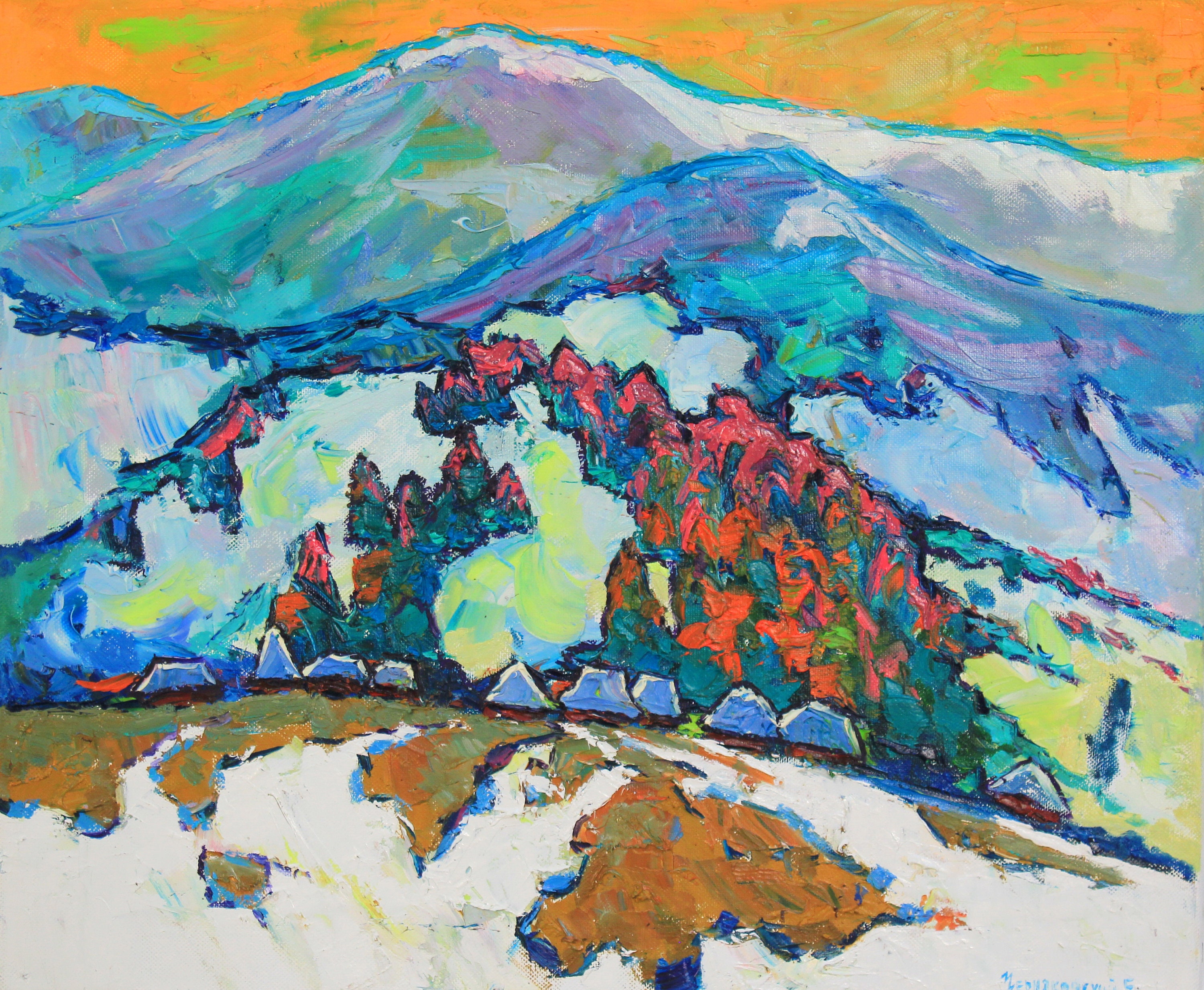 油彩画　冬の山 冬の山の油絵：ヴィンテージスタイルの風景画（19.6 x 23.6インチ