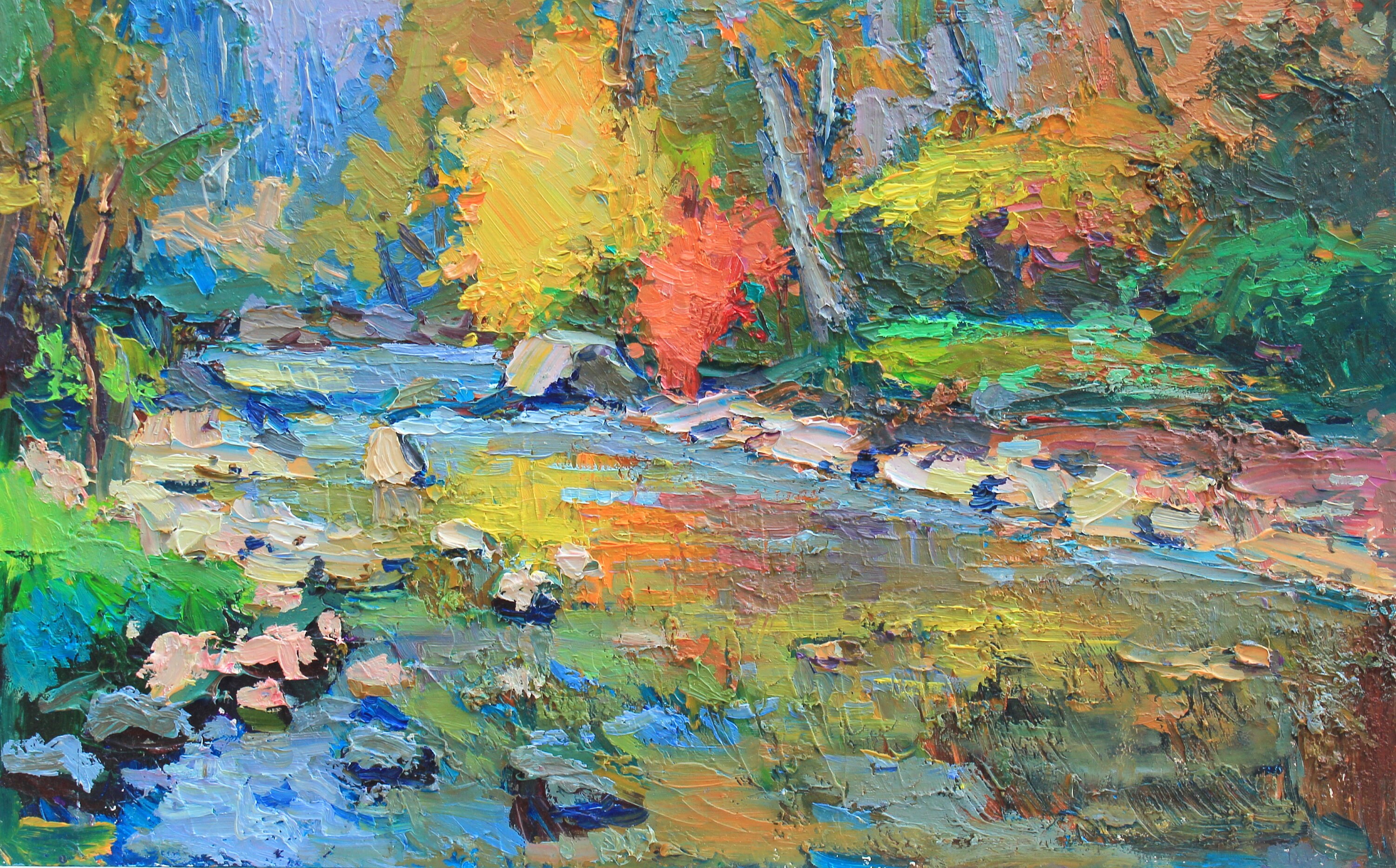 川の石 川のアートワーク 川の絵画 川の風景画 川の絵画 油絵 風景画