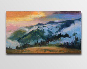 Mountain oil painting River mist painting River painting Misty Landscape Original painting Impressionism oil