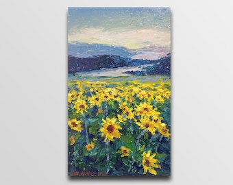 Pintura de girasoles, arte de girasoles, pintura floral, bodegón floral, ramo de flores, pintura original, obra de arte de girasoles, campo de flores