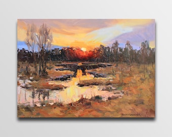赤い夕焼けの絵画オリジナル、穏やかな川の壁アート、カラフルな油絵の