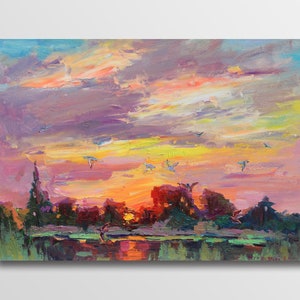 Original Oil Painting: Colorful River Sunset Art, Plein Air Artwork (13.7 X 19.6 IN)